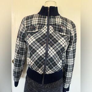 Vintage Bomber Jacket plaid navy green white red zip double pockets Near NEW